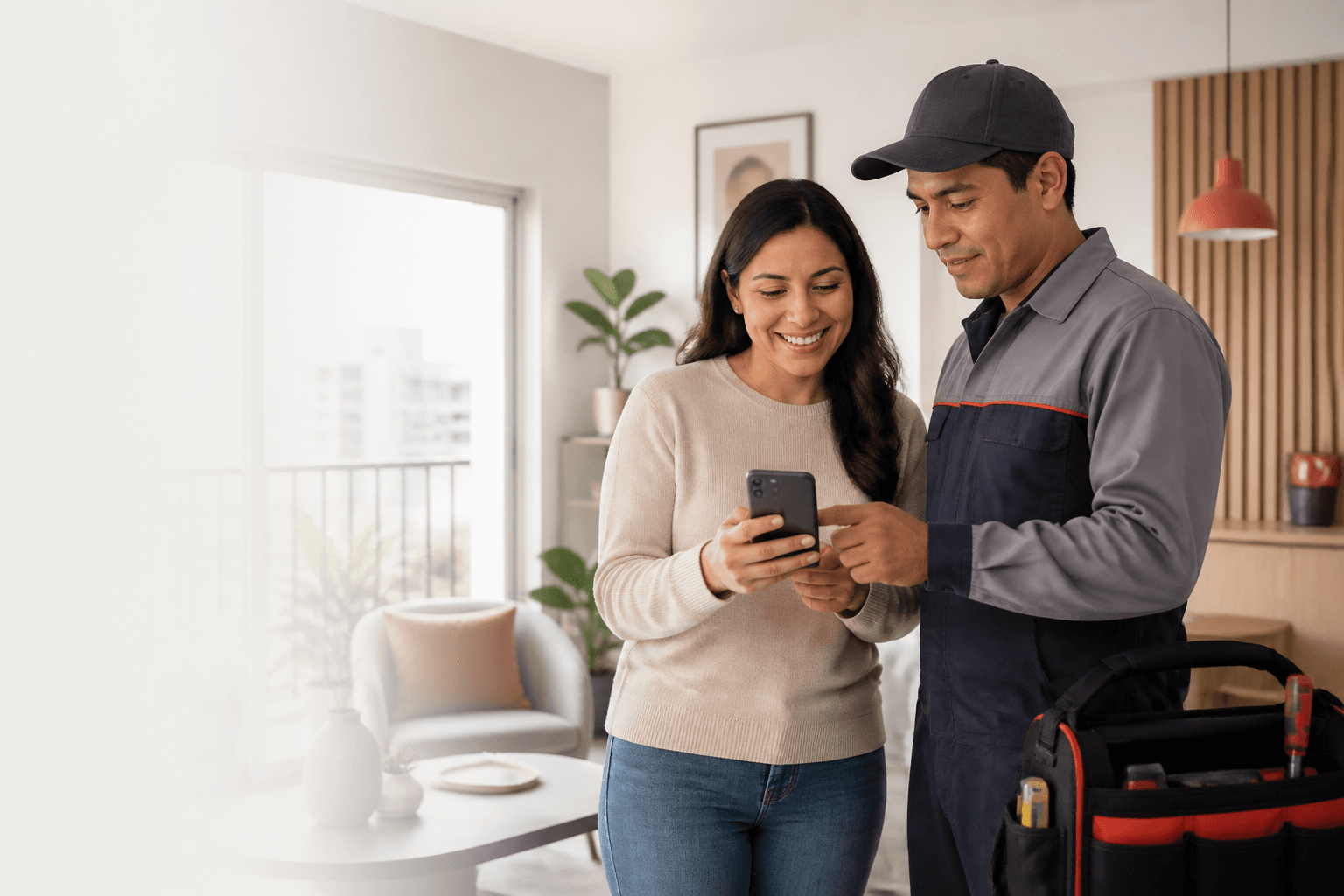 Cliente y trabajador revisando el cierre de un servicio en un teléfono