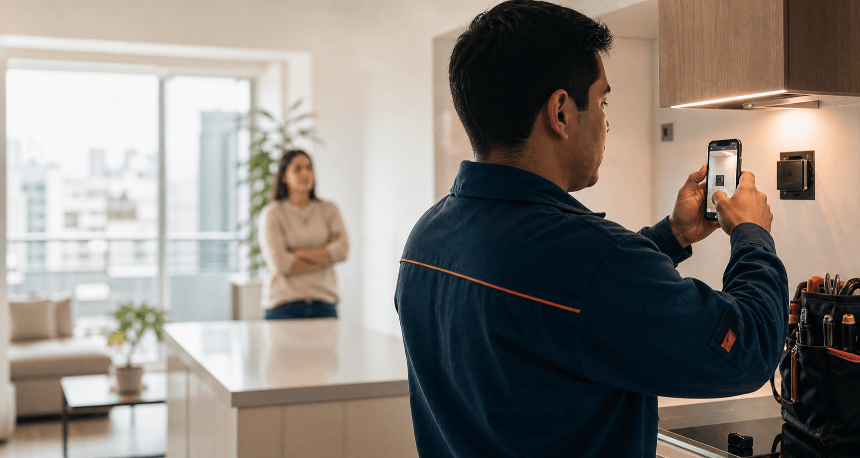 Trabajador documentando evidencia del servicio con su teléfono